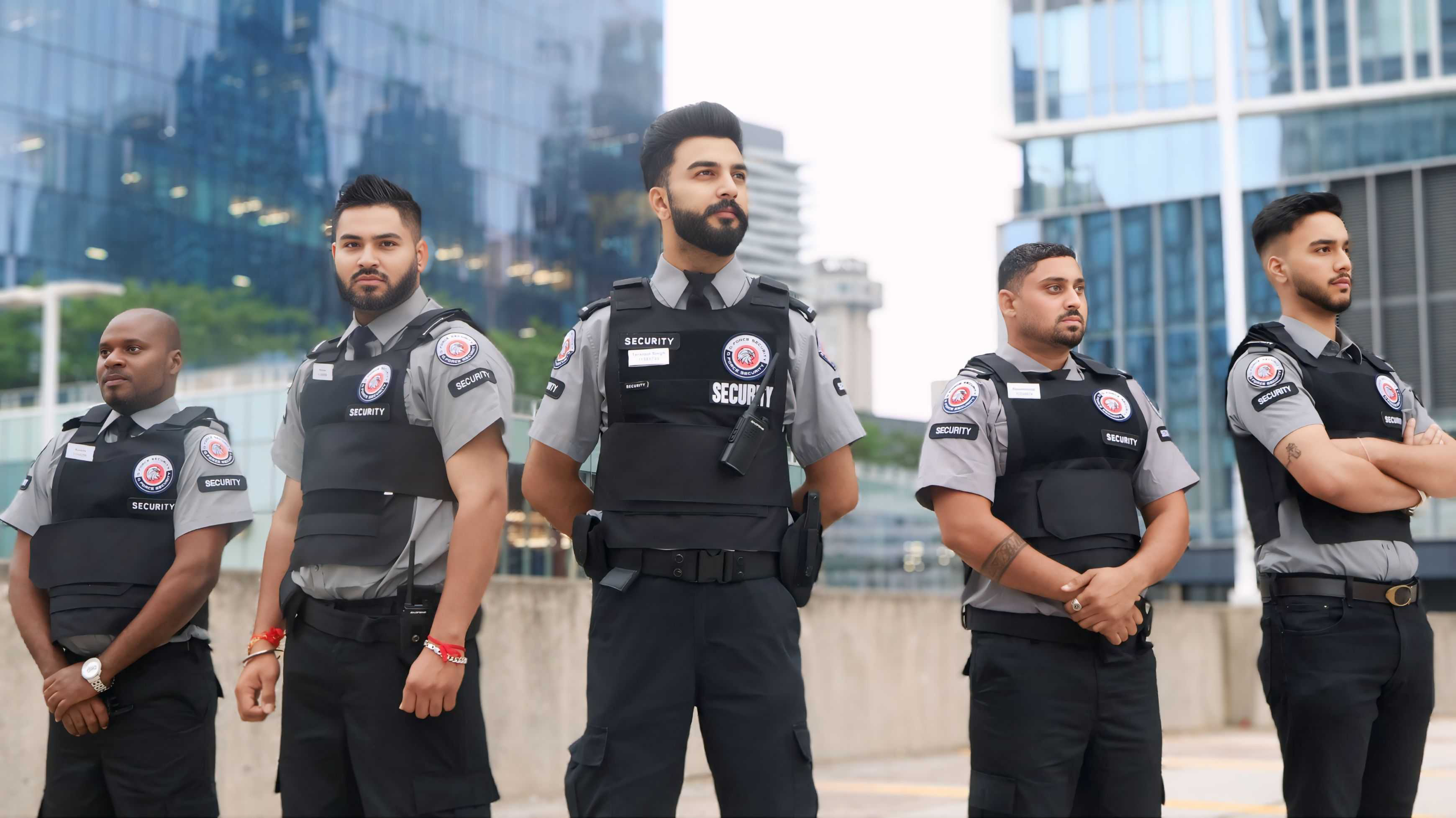 Two uniformed G Force security guards standing outside a commercial building