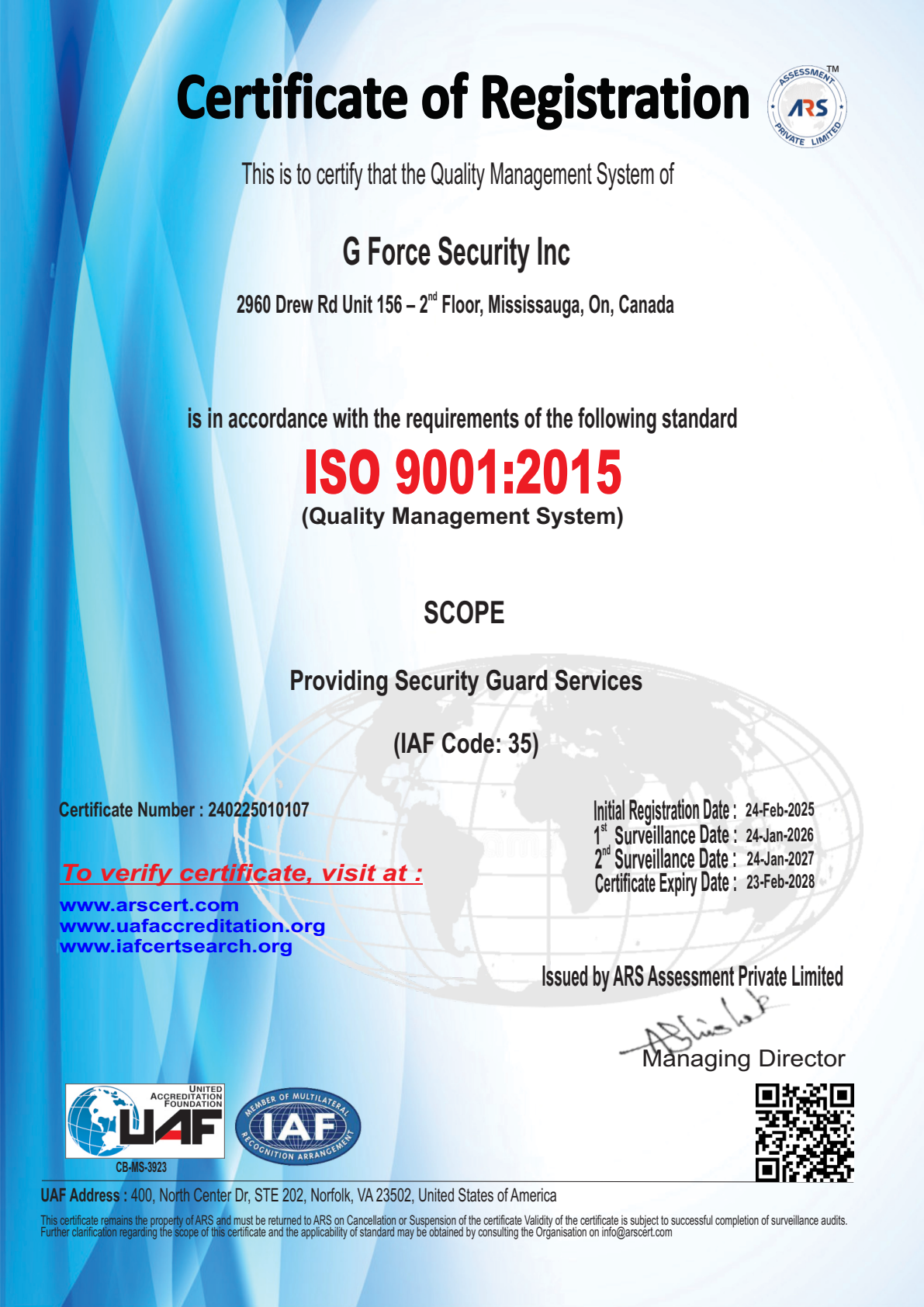G Force Security Inc. actual ISO 9001:2015 certificate, number 240225010107, expiry 23 February 2028