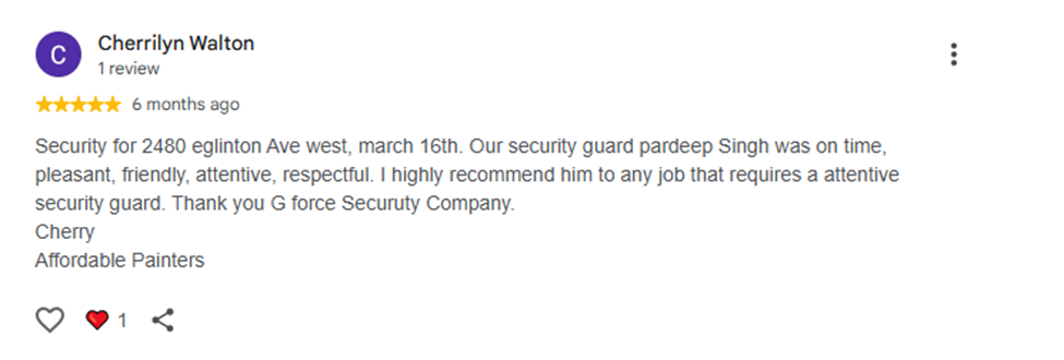 Client feedback about G Force Security's professional security services.